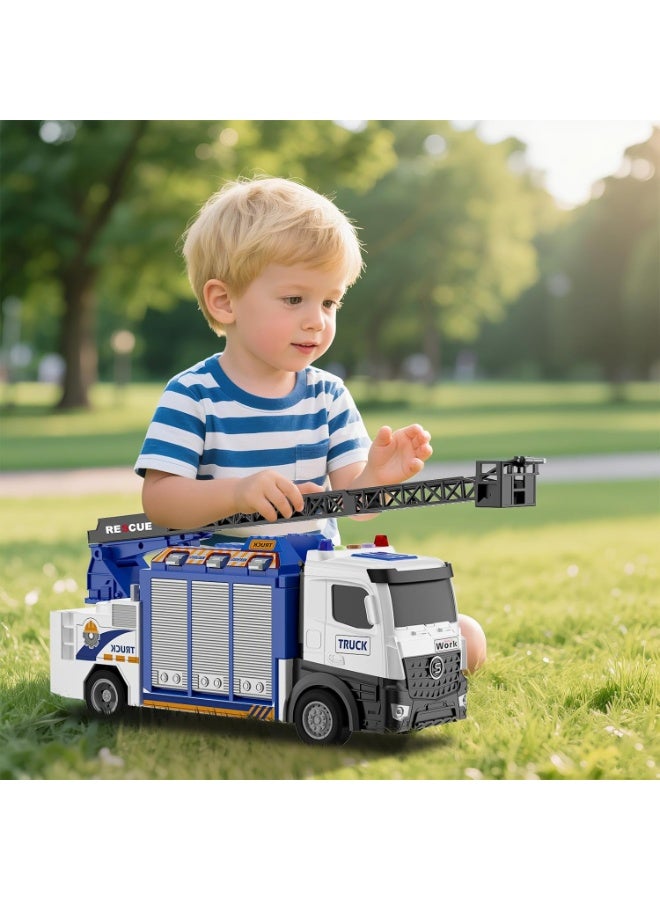 Paka Rabbit Deformable Police Rescue Truck Toy with 6 Parking Spaces and Extendable Ladder, with Lights, Sounds, Water-Spraying Function, Includes 12 Alloy Cars, Perfect Gift for Children Aged 3+.(Blue) - Image 4