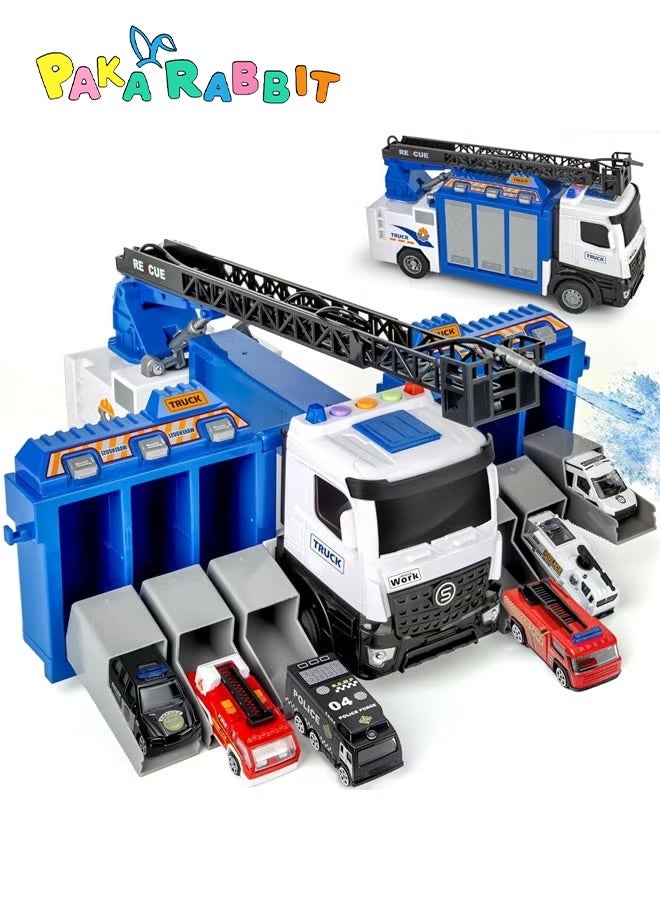 Paka Rabbit Deformable Police Rescue Truck Toy with 6 Parking Spaces and Extendable Ladder, with Lights, Sounds, Water-Spraying Function, Includes 12 Alloy Cars, Perfect Gift for Children Aged 3+.(Blue) - Image 1