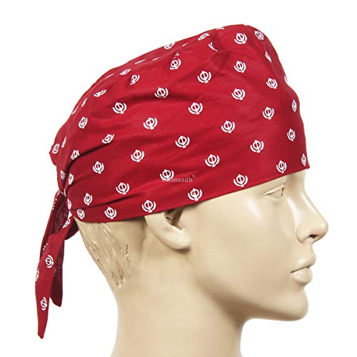 BISMAADH Unisex Cotton Khanda Printed Adjustable Patka, Bandana, Durag, Skull Cap For Men & Women - Maroon - Image 2