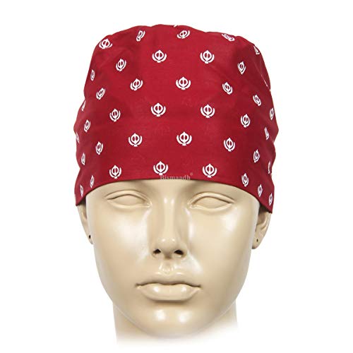 BISMAADH Unisex Cotton Khanda Printed Adjustable Patka, Bandana, Durag, Skull Cap For Men & Women - Maroon - Image 3