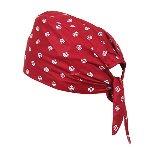 BISMAADH Unisex Cotton Khanda Printed Adjustable Patka, Bandana, Durag, Skull Cap For Men & Women - Maroon - Image 1
