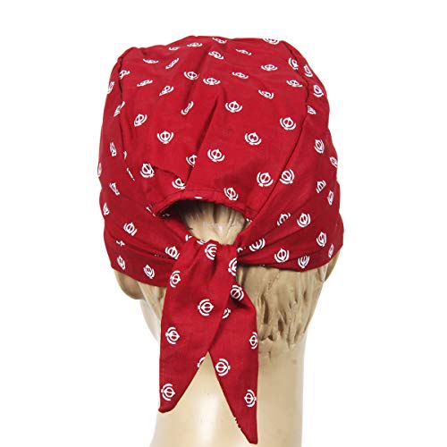 BISMAADH Unisex Cotton Khanda Printed Adjustable Patka, Bandana, Durag, Skull Cap For Men & Women - Maroon - Image 4