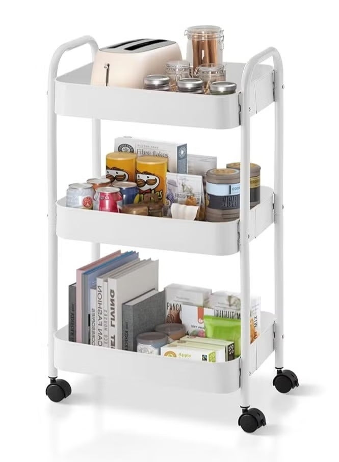 DPTER 3-Tier Kitchen Storage Trolley on Wheels Rolling Utility Carts Mobile Storage Serving Trolley Metal Cart for Dining Room, Bathroom, Laundry, Living Room, Organizer (White) - Image 1