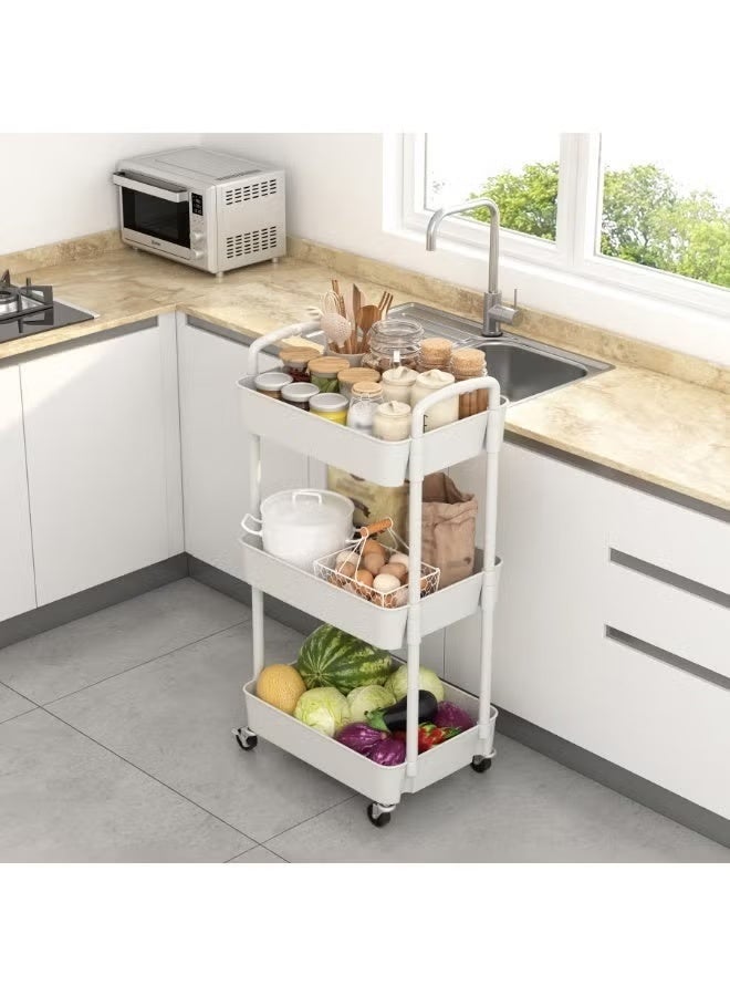 DPTER 3-Tier Kitchen Storage Trolley on Wheels Rolling Utility Carts Mobile Storage Serving Trolley Metal Cart for Dining Room, Bathroom, Laundry, Living Room, Organizer (White) - Image 3