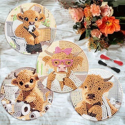 Clendo 8 Pcs 5D Cow Bathroom Diamond Art Coasters Kits with Holder, Diamond Painting Coasters Set for Adults, Small Mini Diamond Dots Kit for Beginners DIY Art Craft Home Decor - Image 2