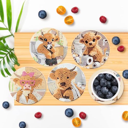 Clendo 8 Pcs 5D Cow Bathroom Diamond Art Coasters Kits with Holder, Diamond Painting Coasters Set for Adults, Small Mini Diamond Dots Kit for Beginners DIY Art Craft Home Decor - Image 4