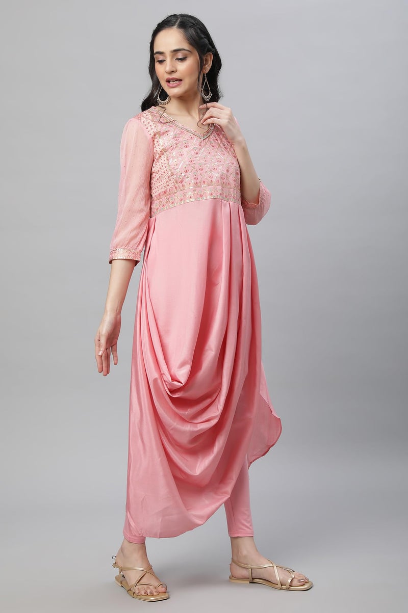 Aurelia Pink Floral Printed Foil Sequin Kurta Dupatta Bottomwear - Image 3