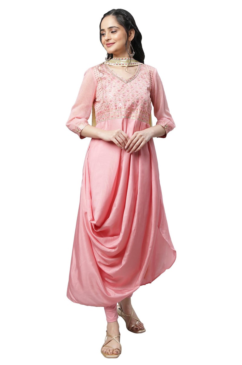Aurelia Pink Floral Printed Foil Sequin Kurta Dupatta Bottomwear - Image 1