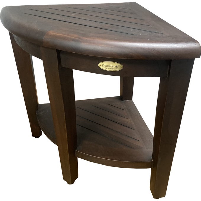 SNAZZY CORNER WATERPROOF TEAK WOOD SHOWER BENCH STOOL SEAT CHAIR FOR INSIDE SHOWER PROVIDES SAFETY STORAGE AND ORGANIZATION FOR BATHROOM ACCESSORIES BROWN