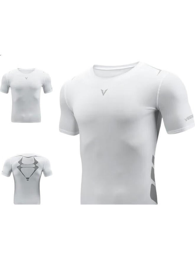 Veidoorn Sports Ice Silk Men'S Fitness Shirt, Breathable Compression Basketball High-Elasticity Training T-Shirt, Tight-Fitting Top, White Short Sleeve, Size L - Image 3