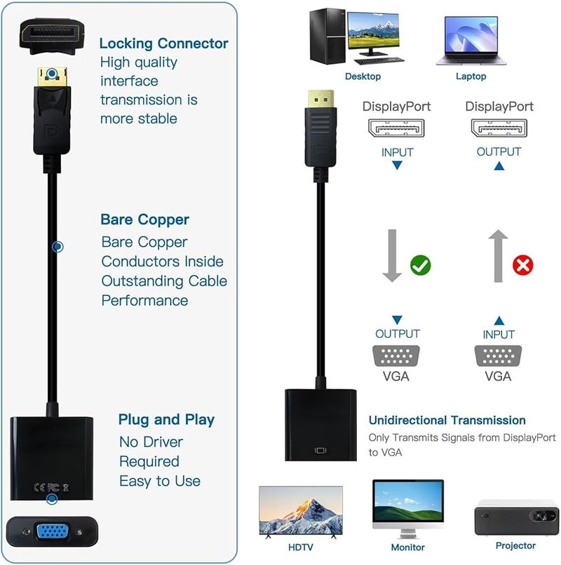 محول DisplayPort مطلي بالذهب إلى VGA ذكر إلى أنثى بدقة 1080p كاملة HD لشاشة الكمبيوتر المحمول - Image 4