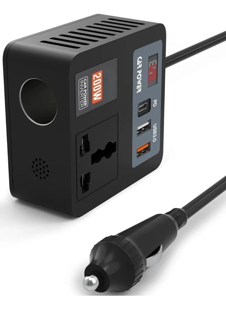 MOCOM 5-in-1 200W Car Power Inverter & Laptop Charger | Car Essentials 12V/24V DC to 110V/220V AC Converter with Universal 3-Pin Socket, 30W PD Fast Charging & Dual USB Ports for Travel & Emergency - Image 1