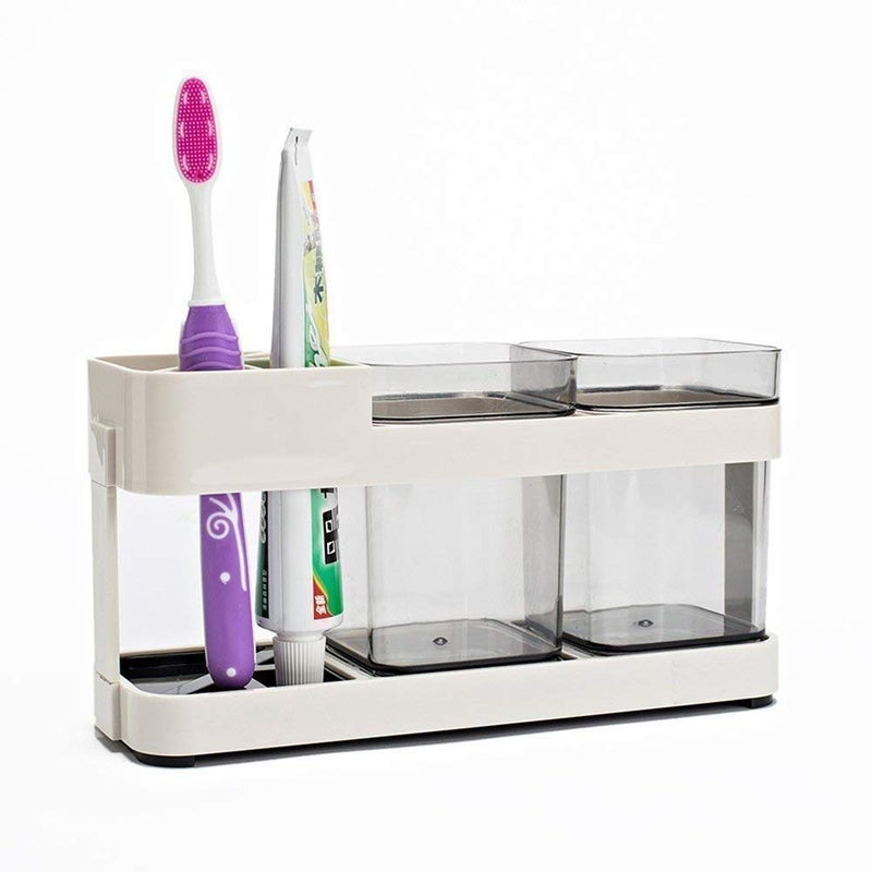 Inditradition Toothbrush Toothpaste Stand Holder with 2 Removable Cup | Bathroom Toiletries Organizer (Plastic, Beige) - Image 2