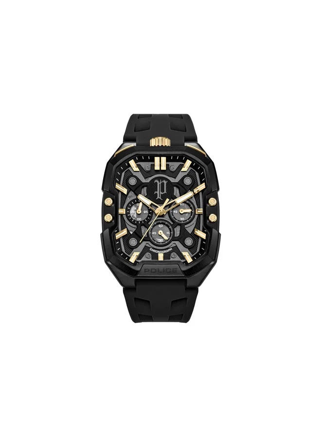 بوليس Bullhead Black Dial Black Leather Strap Multifunction Watch for Men - 43mm