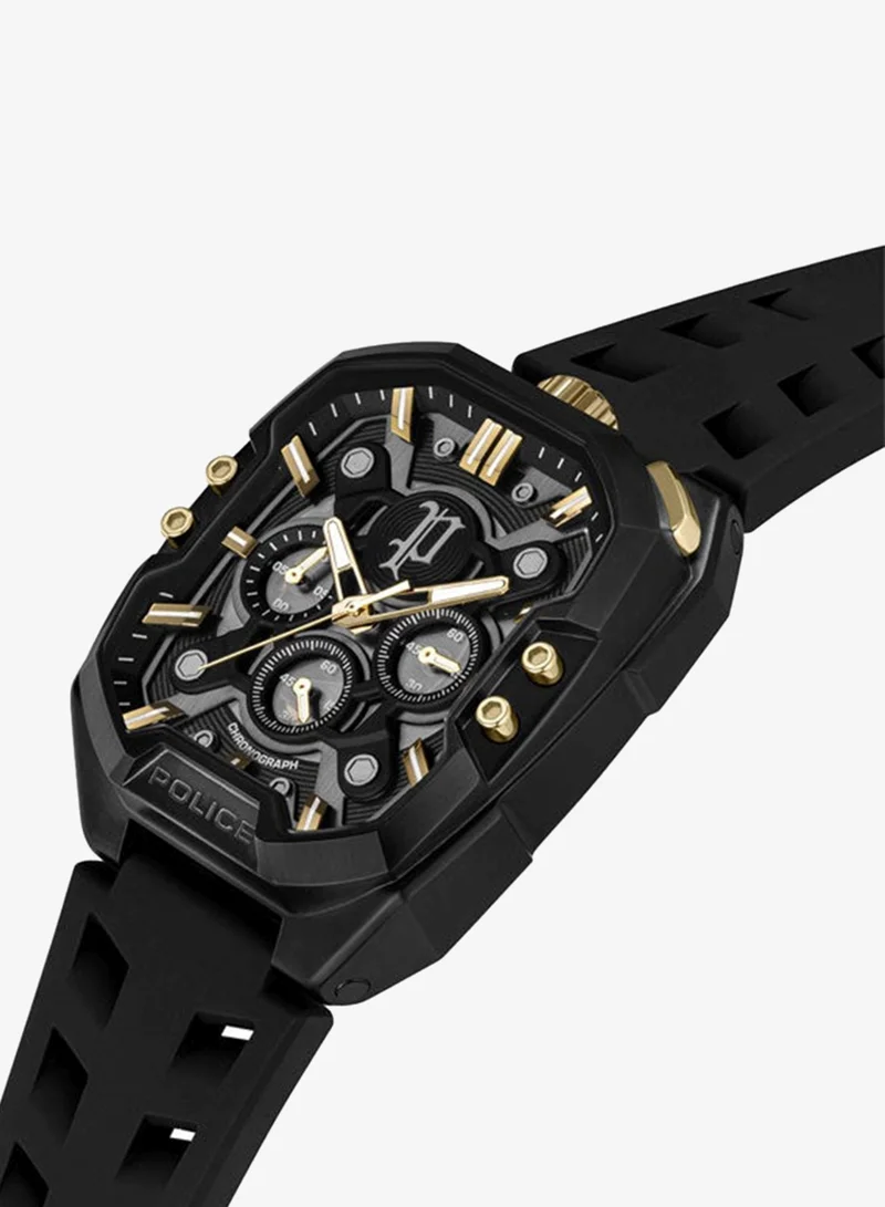 POLICE Bullhead Black Dial Black Leather Strap Multifunction Watch for Men - 43mm
