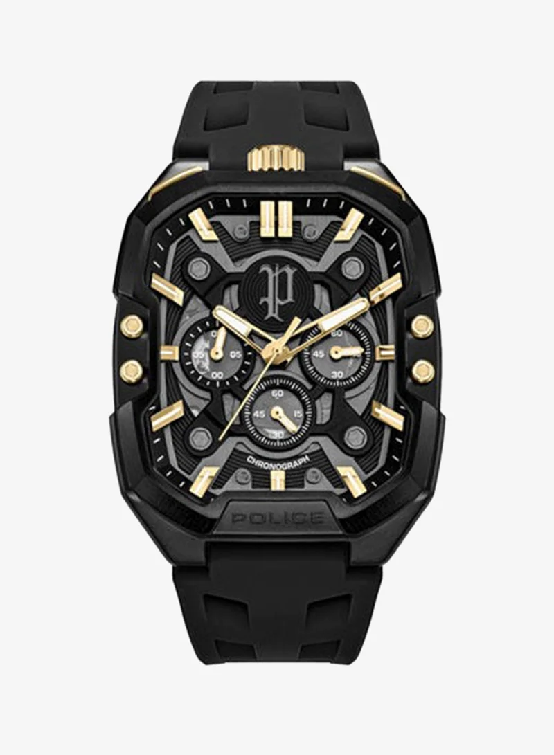 POLICE Bullhead Black Dial Black Leather Strap Multifunction Watch for Men - 43mm