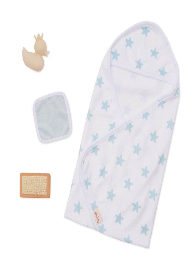 LullaBaby - 14" Baby Doll Accessories - Hooded Bath Towel in Blue Star Pattern - Bath Toys & Pink Ducky - Imaginative Play - Toys for Kids Ages 2 & Up - Baby Doll Bathtime Outfit - Image 2