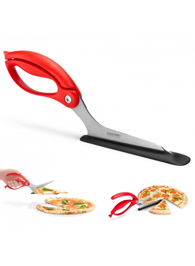 Dreamfarm Scizza | Non-Stick Pizza Scissors with Protective Server | Stainless Steel | All-In-One Pizza Slicer | Easy-To-Use & Easy-To-Clean Pizza Cutters | Red