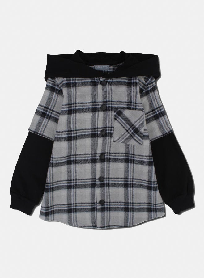 Pompelo Boys Wool Hooded Shirt – Checkered Black - Image 1