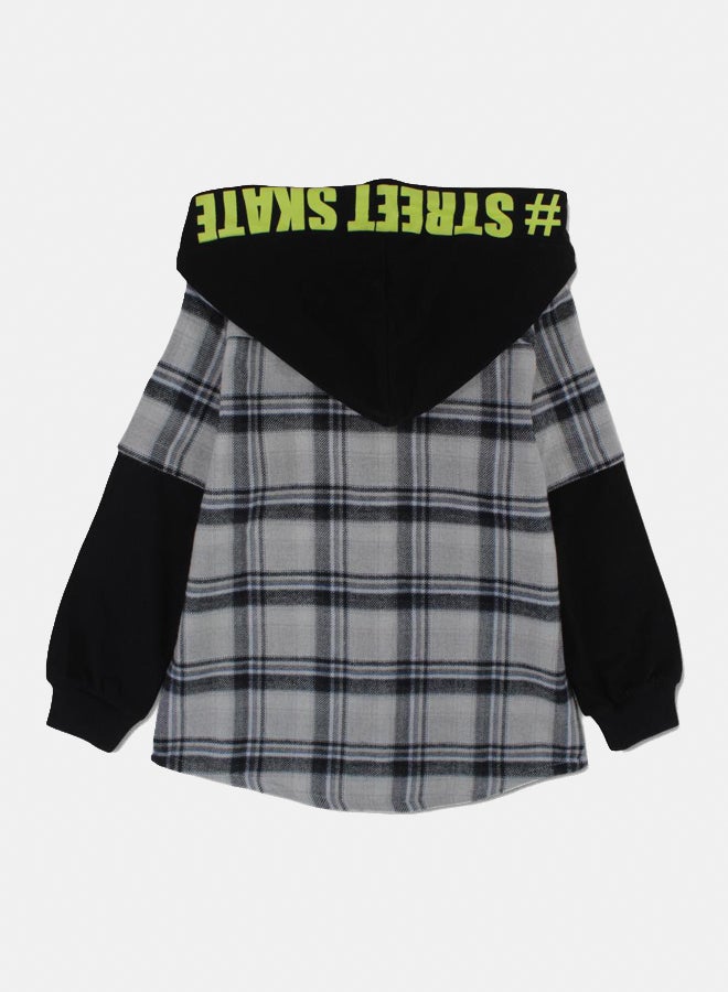 Pompelo Boys Wool Hooded Shirt – Checkered Black - Image 2