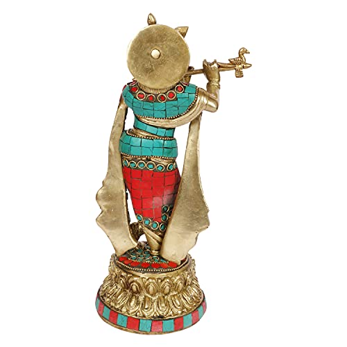 ARTVARKO Brass Lord Krishna Statue Playing Flute On Round Double Lotus Base Multicolor Gemstone Handwork Home Decor Gift Item Height 10 Inch - Image 5