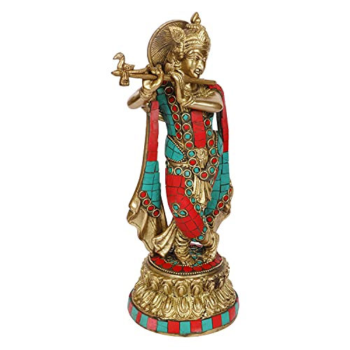 ARTVARKO Brass Lord Krishna Statue Playing Flute On Round Double Lotus Base Multicolor Gemstone Handwork Home Decor Gift Item Height 10 Inch - Image 3