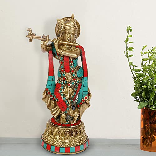 ARTVARKO Brass Lord Krishna Statue Playing Flute On Round Double Lotus Base Multicolor Gemstone Handwork Home Decor Gift Item Height 10 Inch - Image 1
