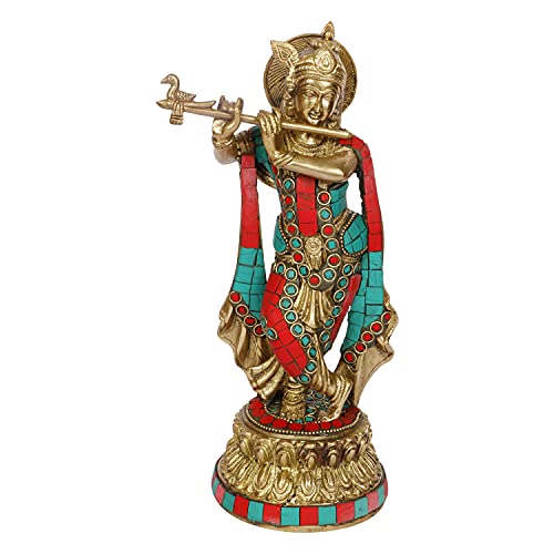 ARTVARKO Brass Lord Krishna Statue Playing Flute On Round Double Lotus Base Multicolor Gemstone Handwork Home Decor Gift Item Height 10 Inch - Image 2