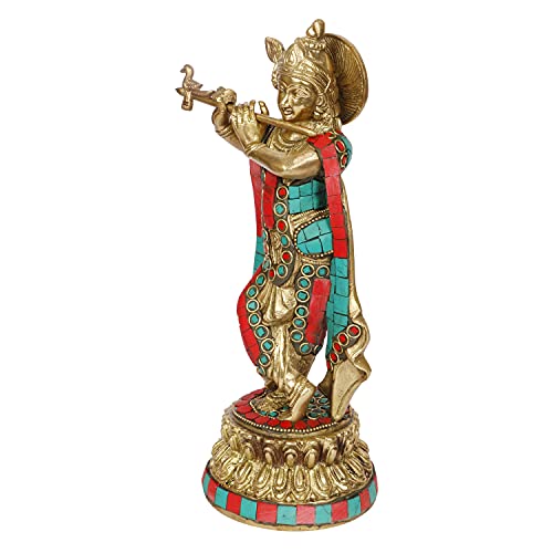 ARTVARKO Brass Lord Krishna Statue Playing Flute On Round Double Lotus Base Multicolor Gemstone Handwork Home Decor Gift Item Height 10 Inch - Image 4