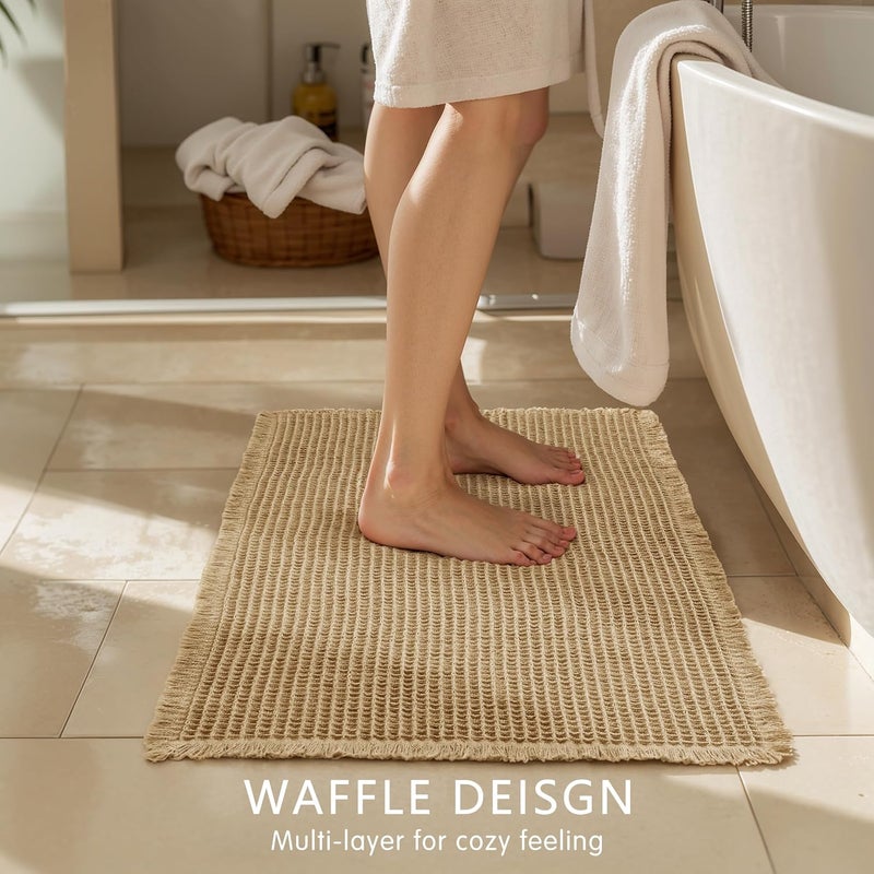 subrtex Waffle Braided Bath Mat, 24" x 60" Soft Waffle Bath Rugs, Absorbent Non Slip Bathrooom Mats, Machine Washable Area Rug for Bathroom, Quick Dry, Khaki - Image 3