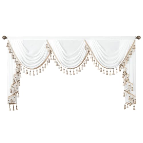 VOGOL Sheer White Living Room Window Valance Luxury Silky Waterfall Curtain with Tassels for Dining Room or Bay Windows LightFiltering Drapes for Wedding Decor 1 Panel 79 Inch Wide - Image 1