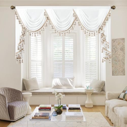 VOGOL Sheer White Living Room Window Valance Luxury Silky Waterfall Curtain with Tassels for Dining Room or Bay Windows LightFiltering Drapes for Wedding Decor 1 Panel 79 Inch Wide - Image 3