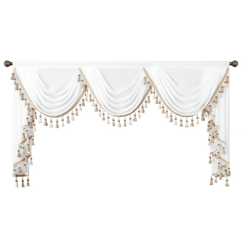 VOGOL Sheer White Living Room Window Valance Luxury Silky Waterfall Curtain with Tassels for Dining Room or Bay Windows LightFiltering Drapes for Wedding Decor 1 Panel 79 Inch Wide - Image 2