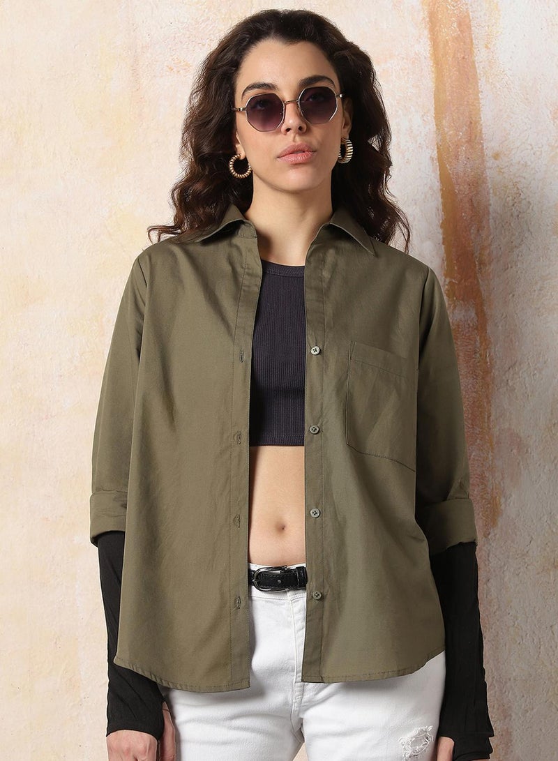 HIGH STAR Women Comfort Fit Spread Collar Solid Cotton Casual Shirt - Image 1