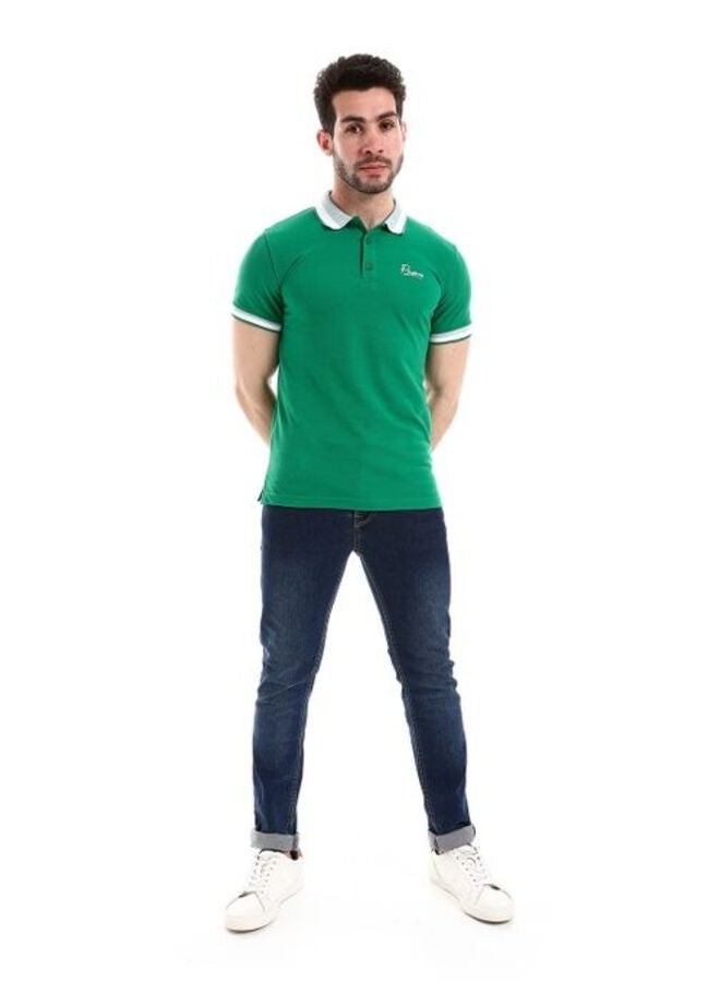 Turn Down Collar Pique Patterned Celeste Polo Shirt with Sided Slits  Green