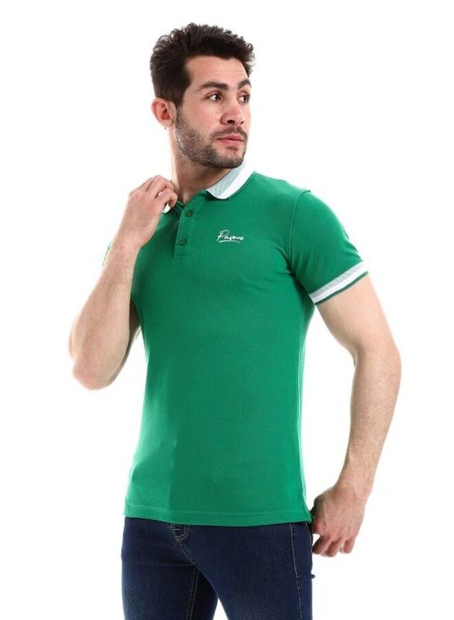 Turn Down Collar Pique Patterned Celeste Polo Shirt with Sided Slits  Green