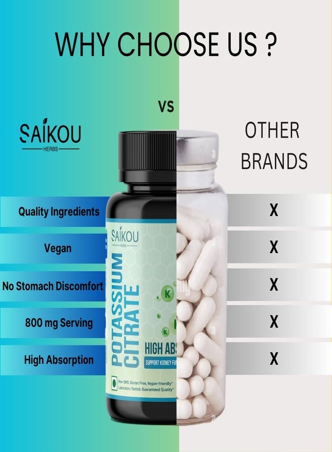 SAIKOU HERBS سترات البوتاسيوم 800 ملغ، مكمل غذائي عالي الامتصاص للبوتاسيوم - 60 جرعة، يدعم توازن الكهارل - نقي وفعال - Image 2