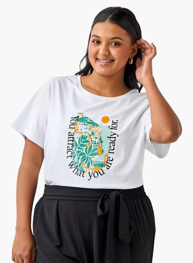 Ulla Popken Plus Size Ulla Popken Graphic Print Round Neck T-shirt with Short Sleeves