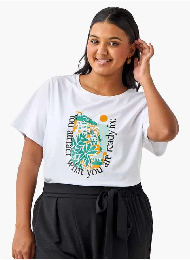 Ulla Popken Plus Size Ulla Popken Graphic Print Round Neck T-shirt with Short Sleeves