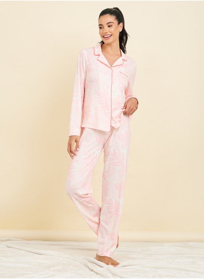 Contrast Piped Palm Print Shirt and Pyjama Set - pzsku/ZF1C457C96023590E7692Z/45/_/1709392747/630d079d-d91f-42c0-8b28-fb91d02c37b3