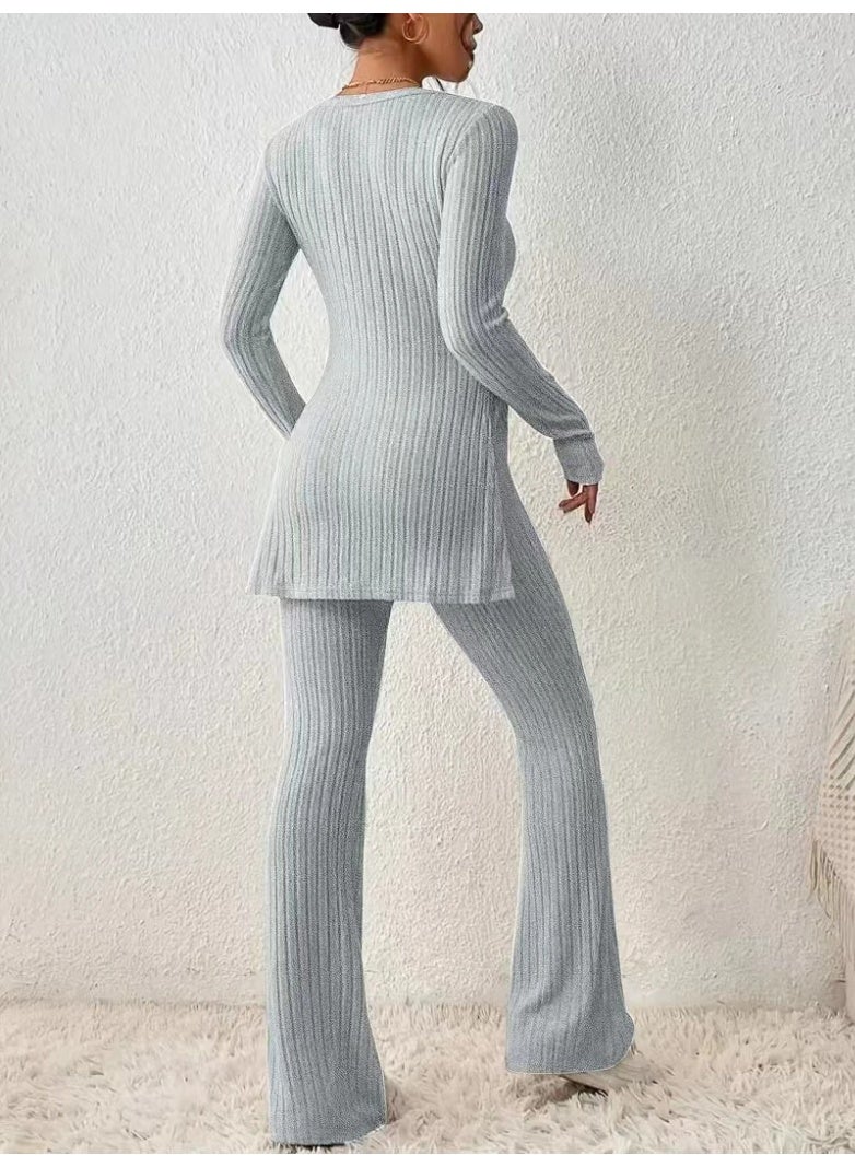 general 2025-2026 Solid-color Casual Stylish and Fit-ting Long-Sleeved Women's Sweater Set (Two Pieces) - Image 2