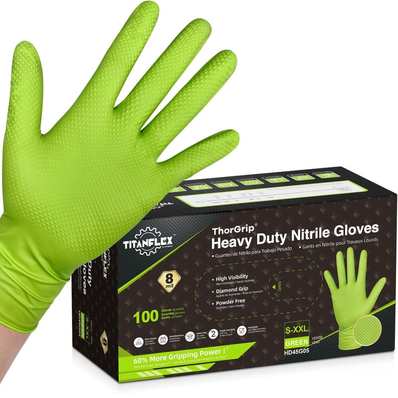 TitanFlex Heavy Duty Green Industrial Nitrile Gloves, 8-mil, Medium, Box of 100, Latex Free, Raised Diamond Texture Grip, Powder Free, Food Safe, Rubber Gloves, Mechanic Gloves - Image 1