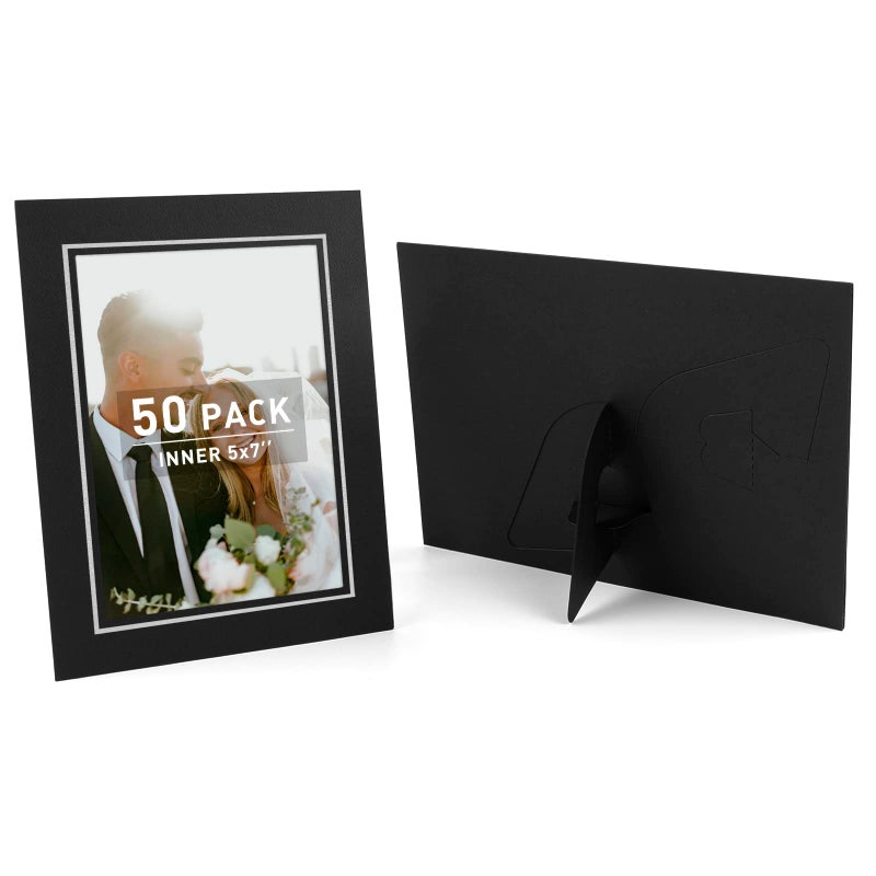Golden State Art Pack Of 50 5X7 Paper Picture Frames With Easel Photo Frame Cards Diy Cardboard Black Silver Lining