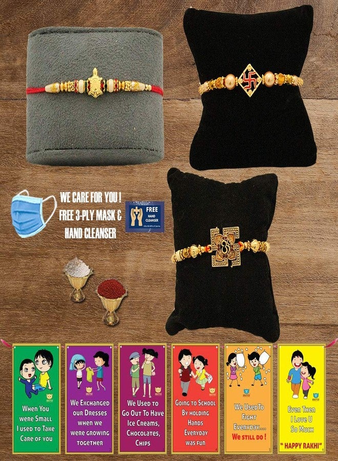 BOGATCHI Q3Qb-20 Traditional Elegant Rakhi for Brother, Rakhi Set of 3, Royal Rakhi Set- 3, Set of 3 Beautiful Rakhi for Bhai - Image 1
