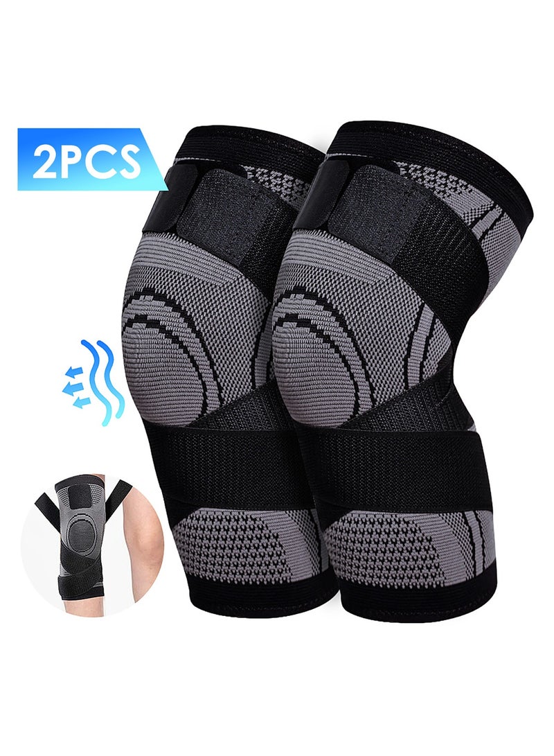 إسكدنيا 2 عبوة من أكمام ضغط الركبة مع حزام قابل للتعديل، واقي دعم الركبة للجري، والتمارين الرياضية، وما إلى ذلك، وتخفيف آلام المفاصل، والتعافي من الإصابات - Image 1