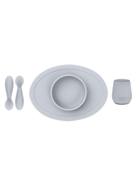 First Food Set Pewter 100% Silicone Suction Bowl With Built In Placemat Training Cup And Spoons