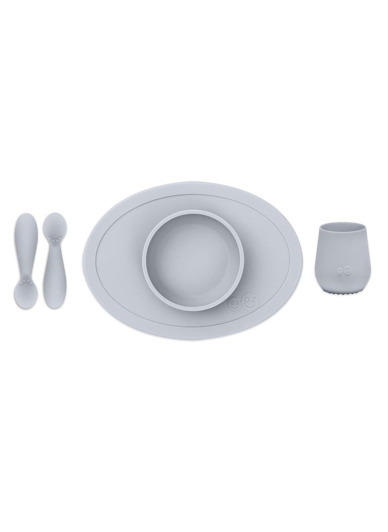 First Food Set Pewter 100% Silicone Suction Bowl With Built In Placemat Training Cup And Spoons