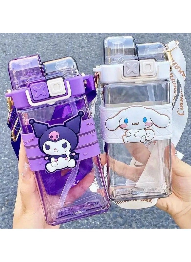 QSHOP QSHOP® Kids School Water Bottle 2 in 1 Straw & Light Wide Capacity  Cartoon Square Drinking Cup with Binoculars for Students - Double Cup Leak Proof Safe Lid  - Image 4