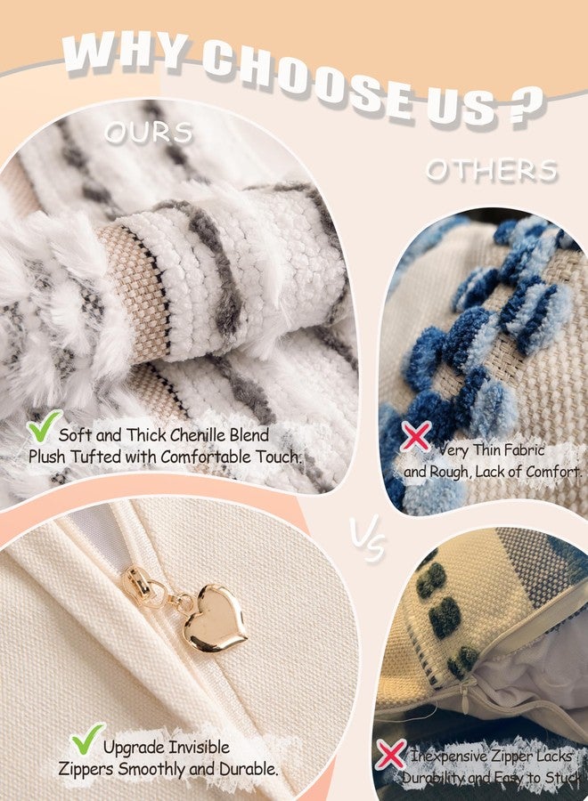 KOOLIFE Boho Chenille Tufted Couch Throw Pillow Covers 18x18 Inch Set of 2 Farmhouse Striped Decorative Pillow Covers Accent Neutral Square Pillowcase Grey Cushion Covers for Livingroom Sofa Bed - Image 5