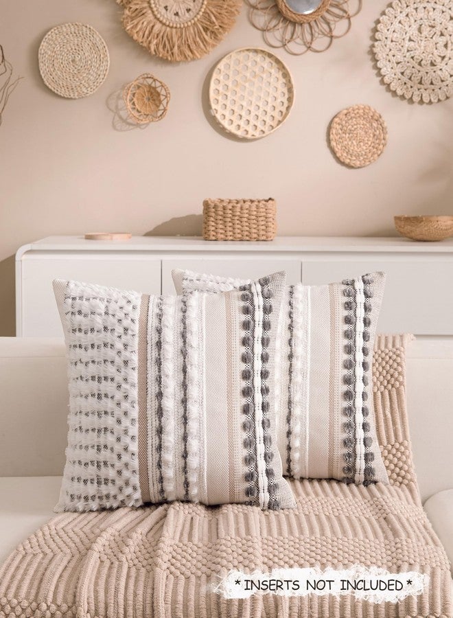 KOOLIFE Boho Chenille Tufted Couch Throw Pillow Covers 18x18 Inch Set of 2 Farmhouse Striped Decorative Pillow Covers Accent Neutral Square Pillowcase Grey Cushion Covers for Livingroom Sofa Bed - Image 2